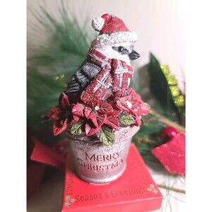 NWT Ganz 5" Bird On Poinsettias Merry Christmas Pail Figurine Bird